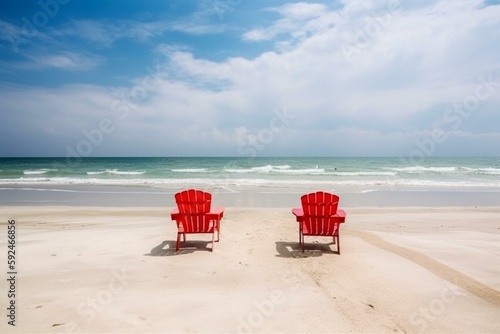 two red chairs banner front the sea with white sand for vacation promotion. Generative AI © Yana