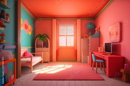3d illustration of the design of a small room in a very colorful model. Generative AI