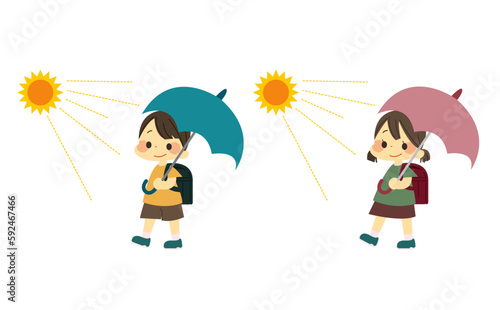 日傘をさすランドセルを背負った男の子と女の子のイラスト