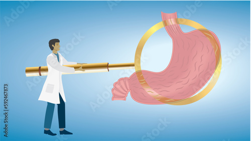 Man doctor with big magnifying glass, focus, looking at stomach, abdomen. Ulcer, digestion, heartburn, function. Dimension 16:9. Vector illustration.
