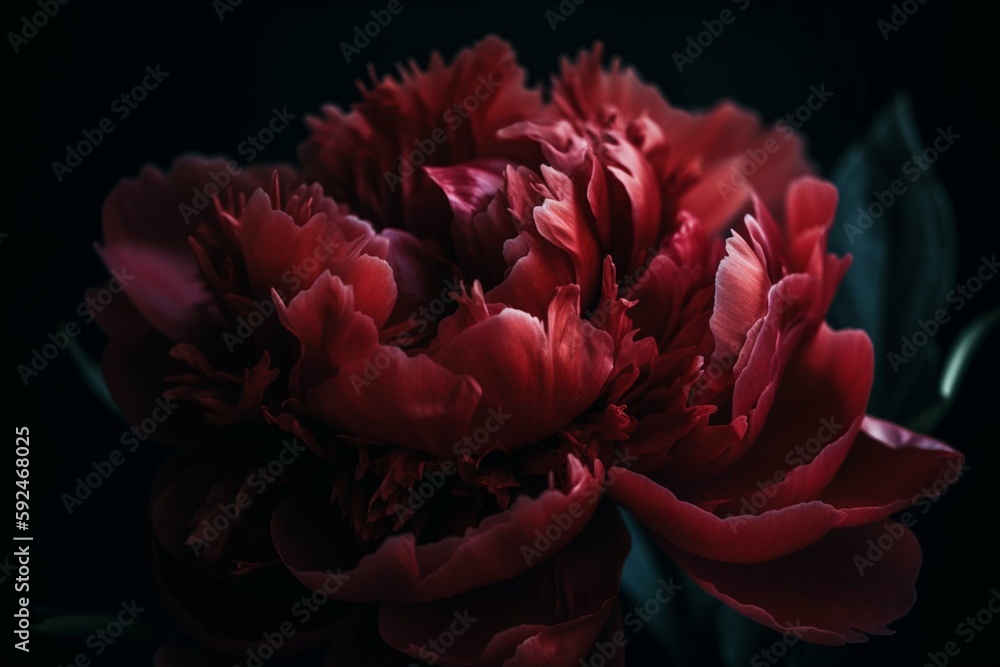 Close up of a red peony bloom on a hazy, black backdrop. Low key decoration an image of a flowering peony. a single luscious peony head with a mystery red bloom in the front. Generative AI Close up of a red peony bloom on a hazy, black backdrop. Low key decoration an image of a flowering peony. a single luscious peony head with a mystery red bloom in the front. Generative AI