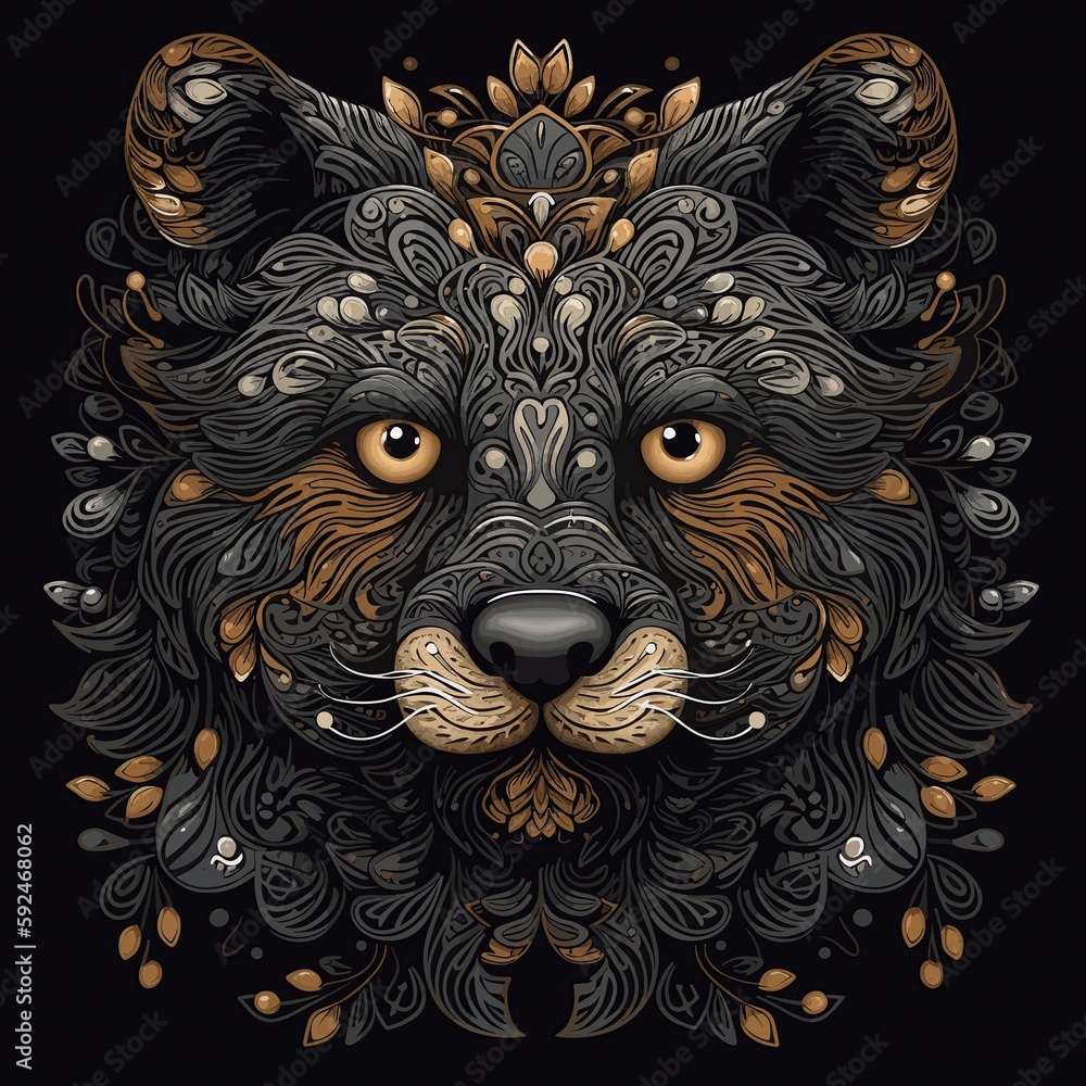 Face of a bear in floral and in the style of dark compositions. Generative AI