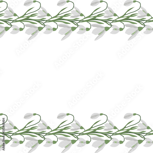 A frame of snowdrops for your design. First spring flowers. Square frame. Vector illustration.