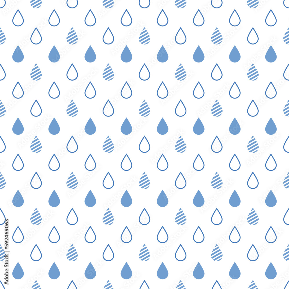 Water drops or raindrops seamless pattern. Blue droplets pattern on transparent background.