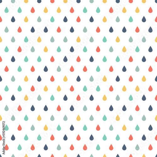 Colorful water drops or raindrops seamless pattern. Colorful small droplets on transparent background.