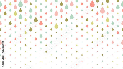 Horizontally seamless water drops or raindrops background. Colorful droplets in various sizes on transparent background.