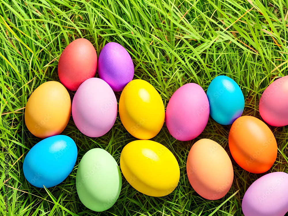Colorful Easter eggs on green grass background with copyspacee. Generative AI.