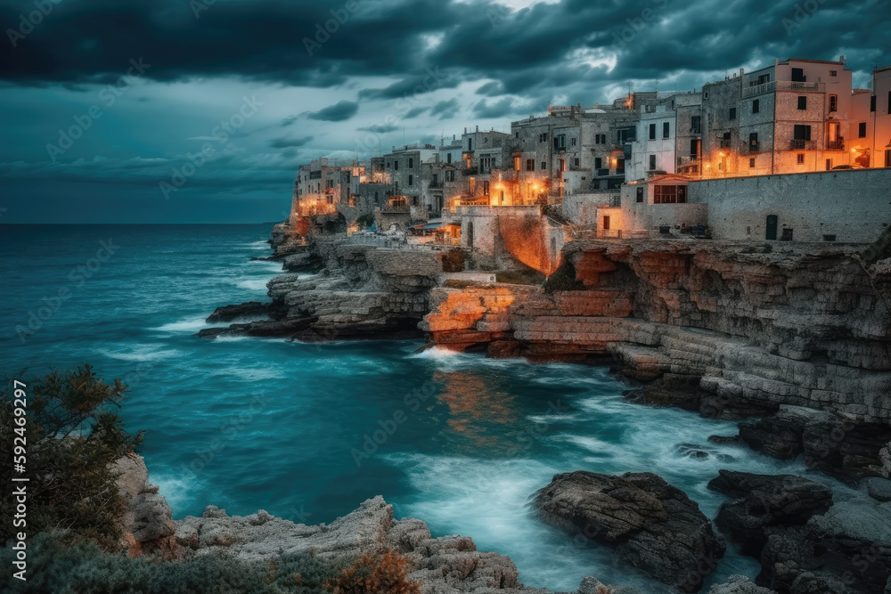 Spectacular spring cityscape of Polignano a Mare town, Puglia region, Italy, Europe. Colorful evening seascape of Adriatic sea. Traveling concept background, Generative AI, Generativ, KI, Spectacular spring cityscape of Polignano a Mare town, Puglia region, Italy, Europe. Colorful evening seascape of Adriatic sea. Traveling concept background, Generative AI, Generativ, KI,