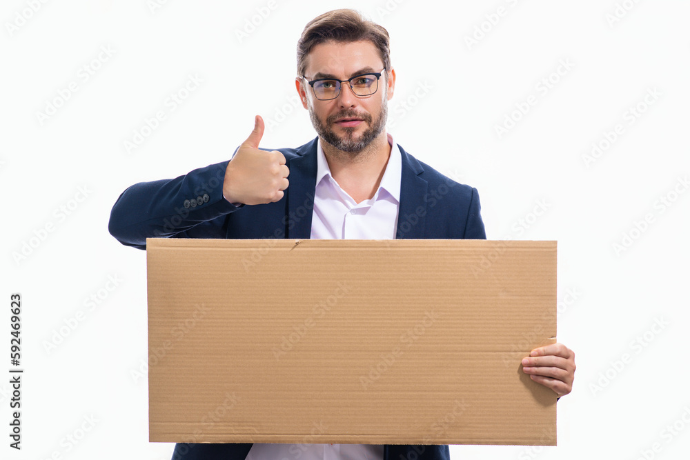 Man with thumb up hold banner in studio white background. Portrait of man holding empty blank poster. Man showing blank poster, gesturing thumb finger. Man presenting signboard, billboard or banner. Man with thumb up hold banner in studio white background. Portrait of man holding empty blank poster. Man showing blank poster, gesturing thumb finger. Man presenting signboard, billboard or banner.