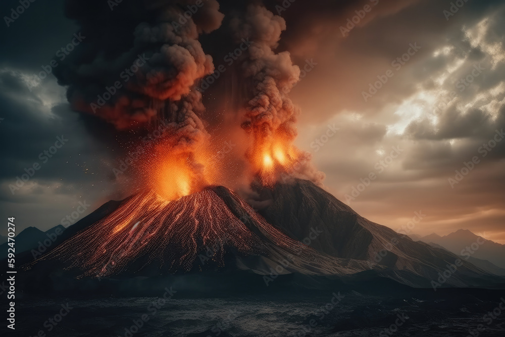 exploding volcano at night created with Generative AI technology