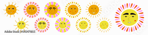 Smiling sun, abstract personage, mascot design, funny face, cute icon. photo