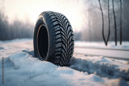 Single winter tire in the snow in winter. Generative AI © Maxim
