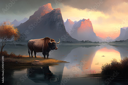 Water buffalo grazing by the river, with the majestic limestone peaks of Yangshuo behind, AI generative illustration © Friedbert