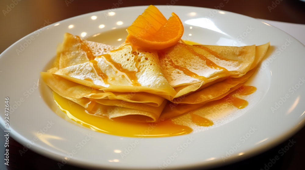 Crepe suzette, tasty pancakes with orange sauce on white plate, AI generative traditional French dessert Crepe suzette, tasty pancakes with orange sauce on white plate, AI generative traditional French dessert