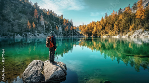 an adventurer with a backpack looking out over a reflective lake by himself on a rock in the autumn season