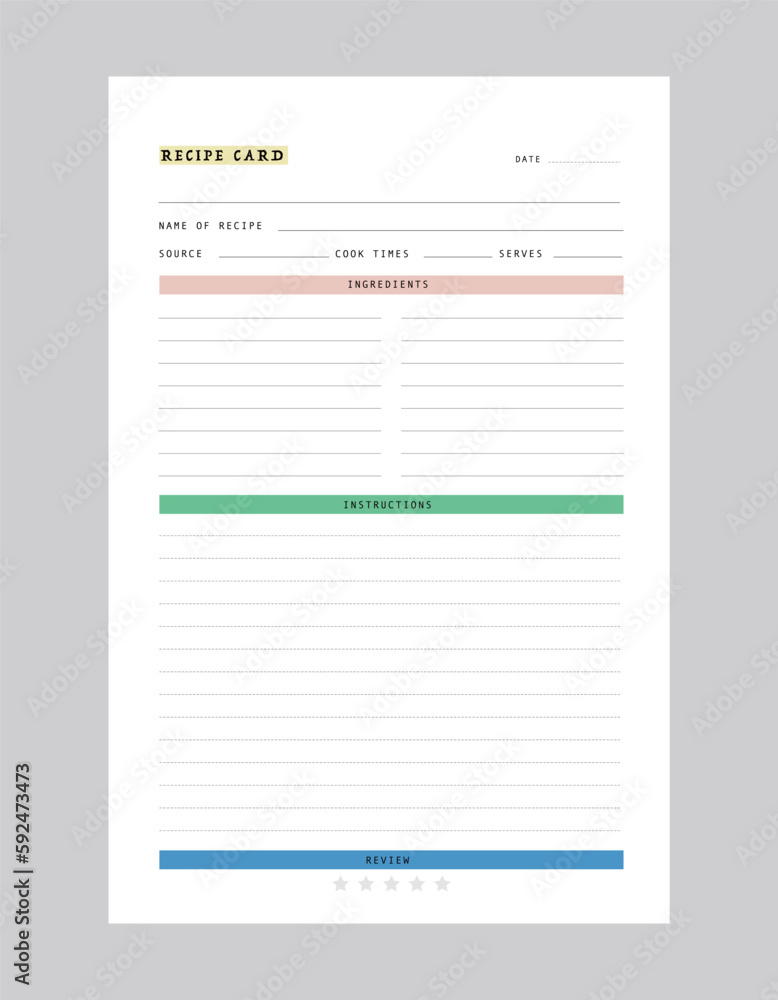 Recipe card planner. Plan you food day easily. Vector illustration