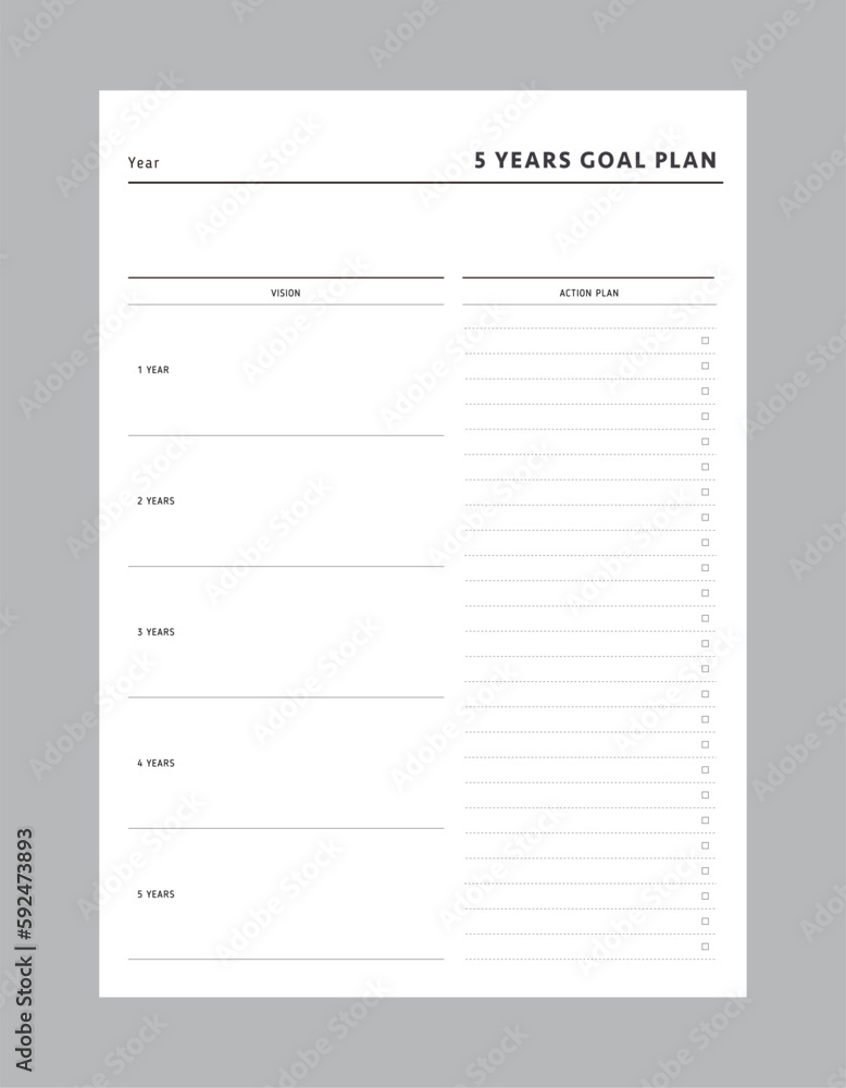 5 years goal plan. Business organizer page. Paper sheet. Realistic vector illustration. 5 years goal plan. Business organizer page. Paper sheet. Realistic vector illustration.