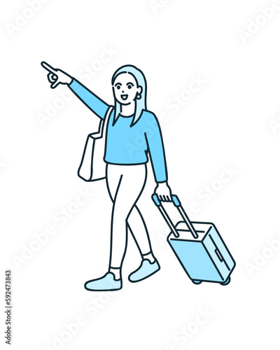 旅行を控え嬉しそうな表情。キャリーケースを引く女性のイラスト素材。