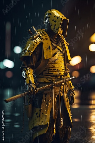 A majestic samurai in shiny yellow cyberpunk techwear