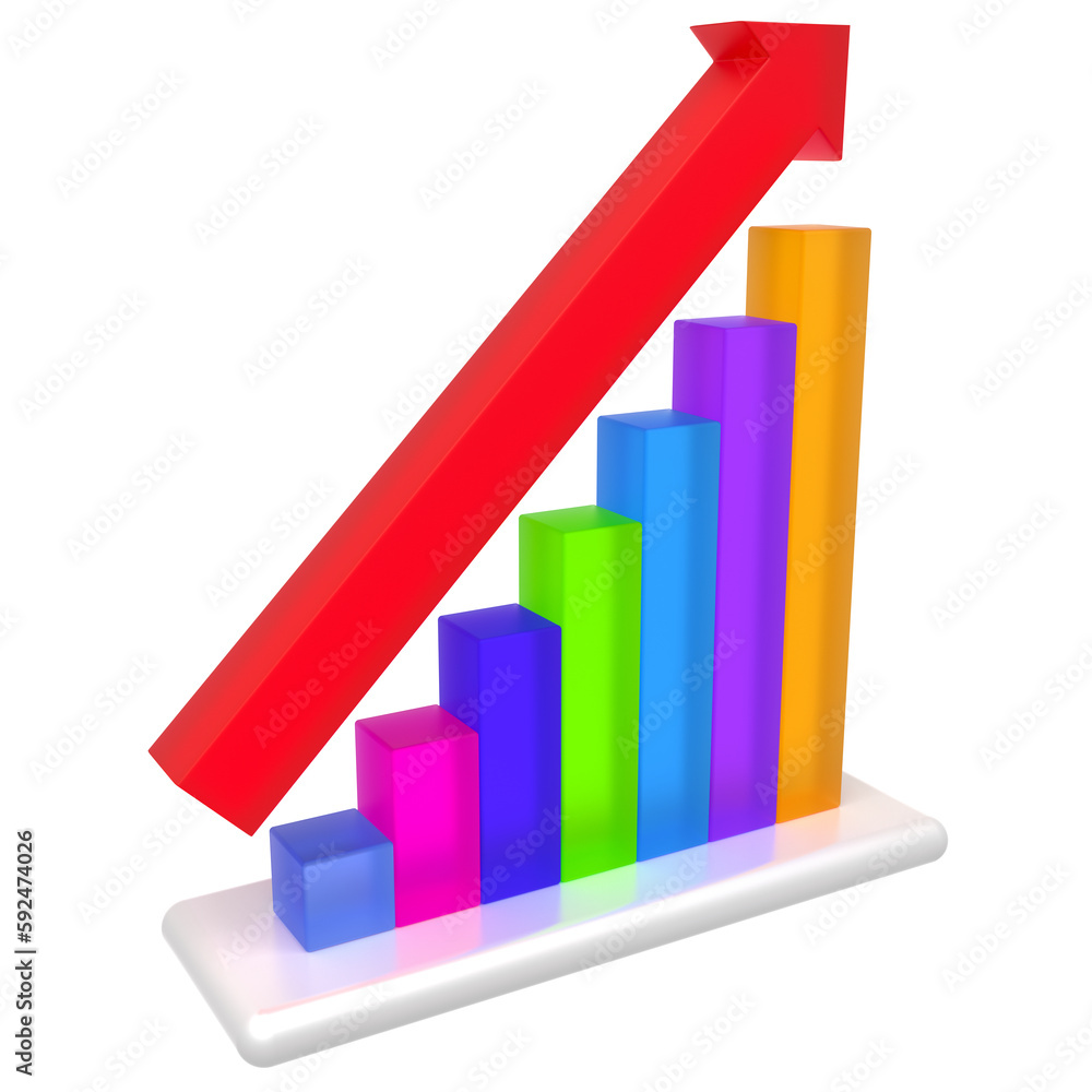Statistic, growth concept, colorful bar chart and red arrow isolated on white background - 3d Illustration Statistic, growth concept, colorful bar chart and red arrow isolated on white background - 3d Illustration