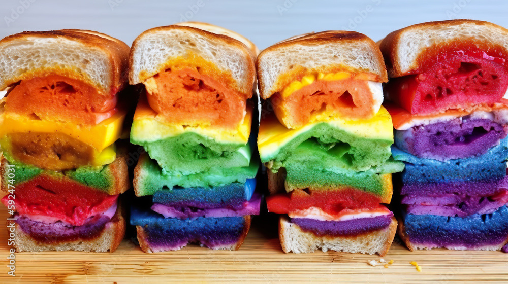 Obraz premium Rainbow grilled cheese sandwiches with melted multicolor cheese, AI generative