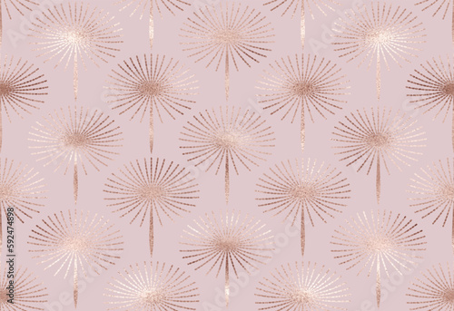 Elegant geometric seamless pattern background design with rose gold fan dandelions. © NikaMooni