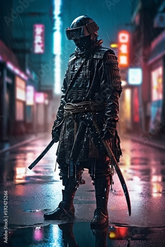 A majestic samurai in shiny black cyberpunk techwear