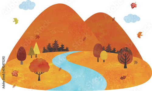 秋の紅葉の山と川の風景水彩画