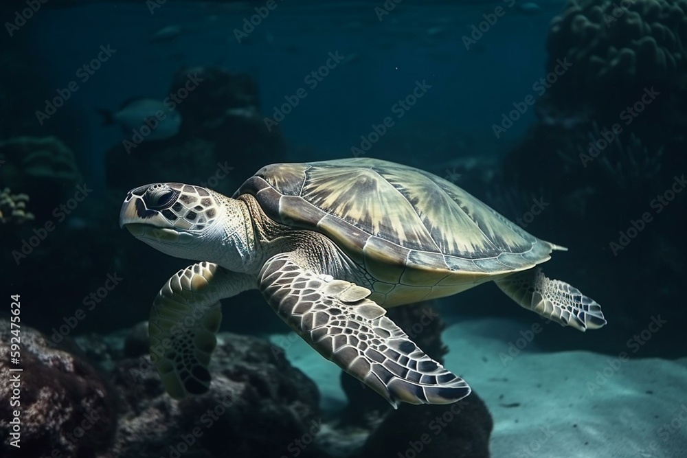 Sea turtle swimming over coral reefs. Animals under the sea background. Generative AI