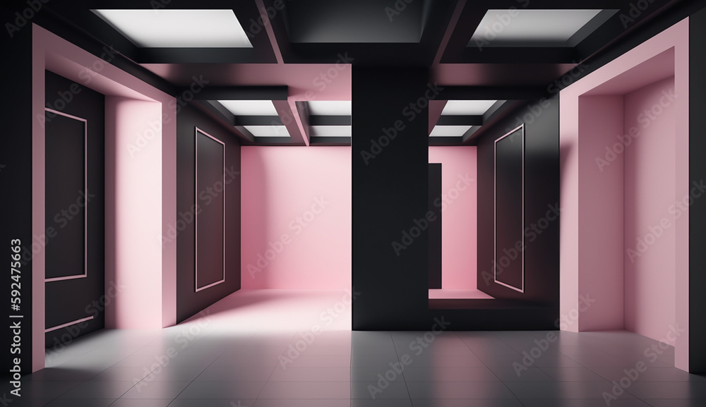 Futuristic black and pink empty room interior design, 3d rendering. Generative AI Futuristic black and pink empty room interior design, 3d rendering. Generative AI