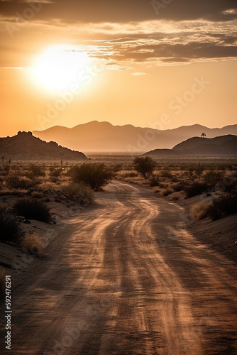 Empty road in the desert with mountains in the background at sunset, AI generative