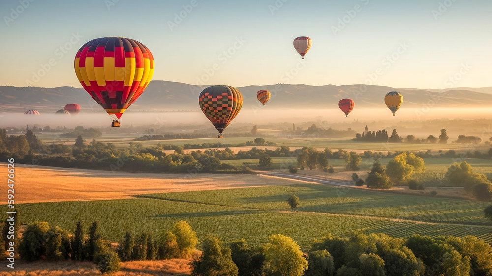 Hot Air Balloon Ride Over Beautiful Napa Valley, California, United States - Generative AI.