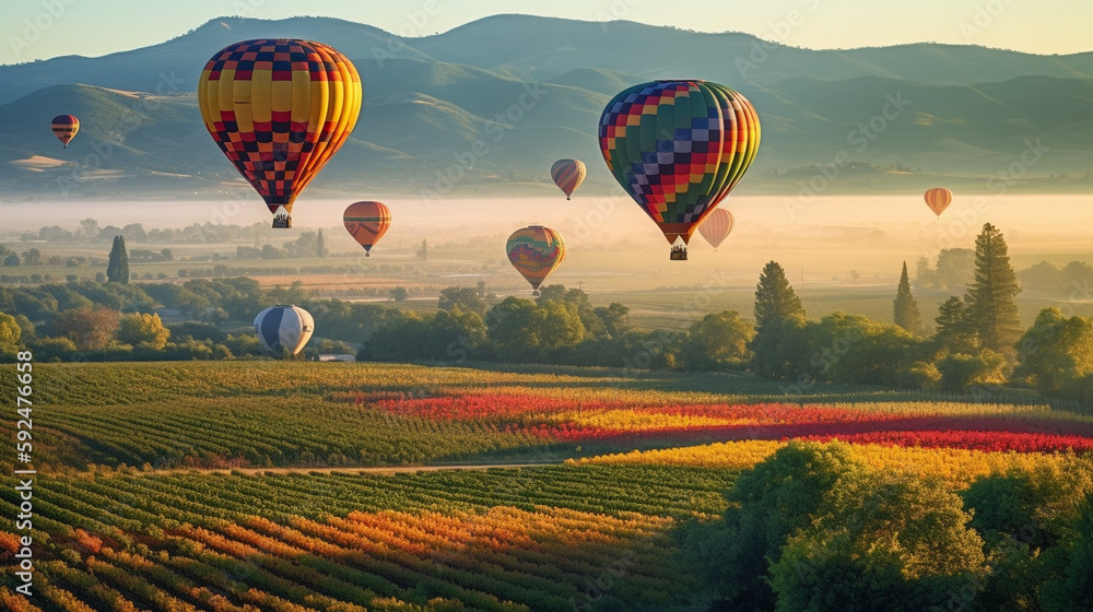 Naklejka premium Hot Air Balloon Ride Over Beautiful Napa Valley, California, United States - Generative AI.
