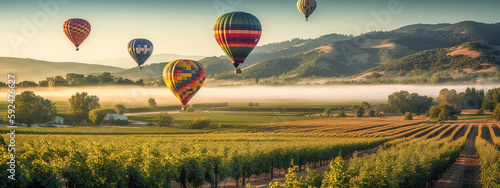 Hot Air Balloon Ride Over Beautiful Napa Valley, California, United States Banner - Generative AI.