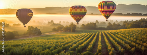 Hot Air Balloon Ride Over Beautiful Napa Valley, California, United States Banner - Generative AI.
