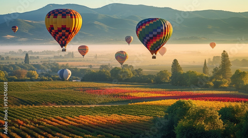 Hot Air Balloon Ride Over Beautiful Napa Valley, California, United States - Generative AI.