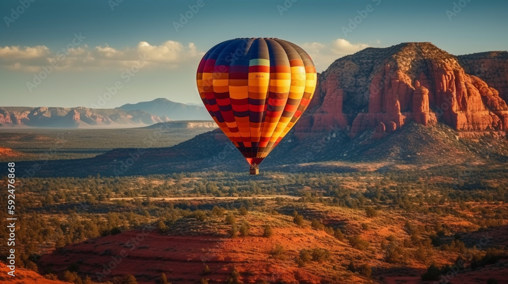Colorful Hot Air Balloon Above Sedona, Arizona - Generative AI.