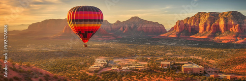 Colorful Hot Air Balloon Above Sedona, Arizona Banner - Generative AI.