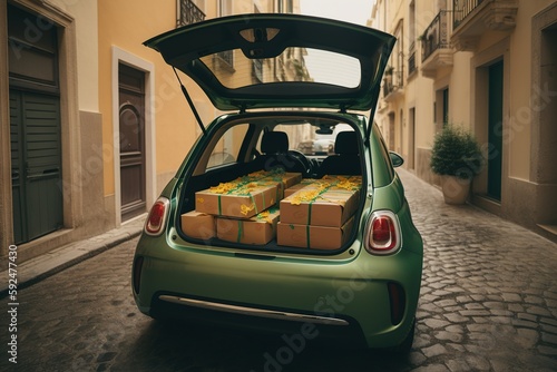 Car trunk full of holidays gifts boxes and presents. Generative Ai
