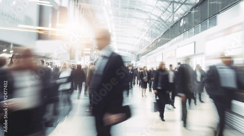 blurred business people Walking on a modern walkway, abstakt image of people in the lobby of a modern business ,Generative AI