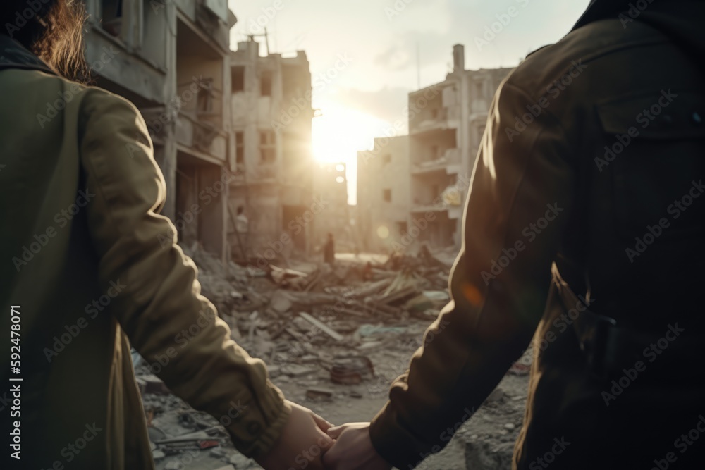 Fototapeta premium Aftermath of war, reconciliation and healing. Couple holding hands in a war devastated city.