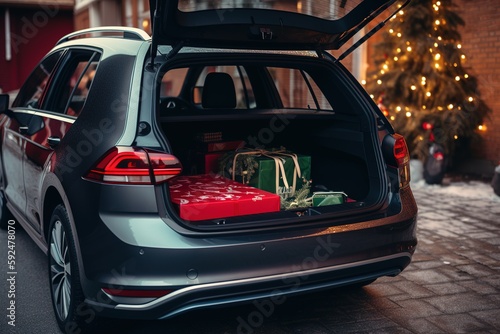Car trunk full of holiday gifts and christmas presents. Generative Ai