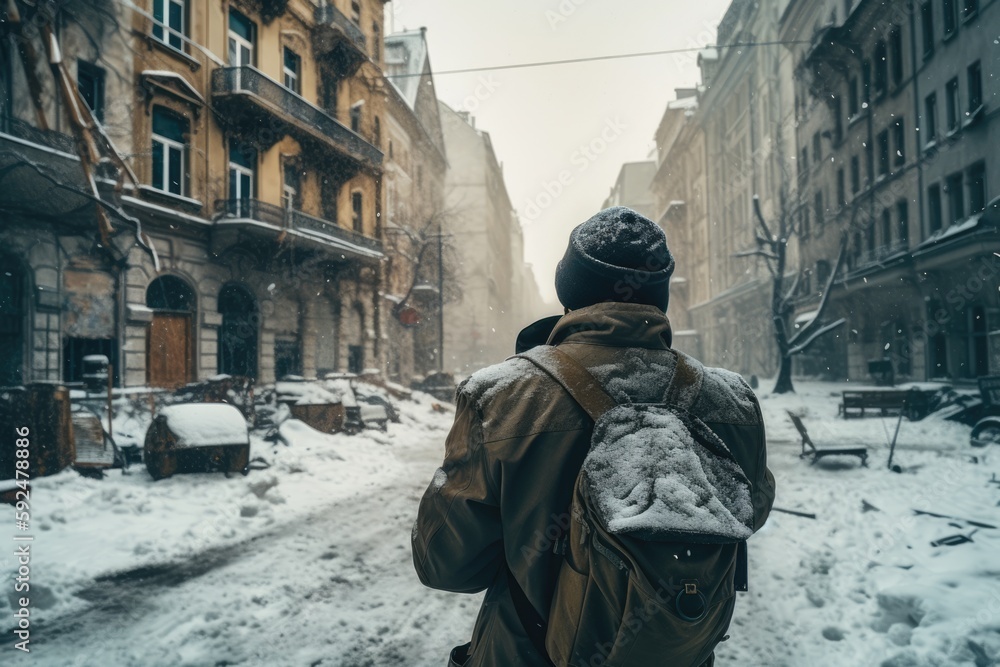 Man standing walking in the street and looking at the devastation that the war left behind Man standing walking in the street and looking at the devastation that the war left behind