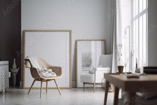 Contemporary living space with blank picture frame mockup and chair  Generative AI 