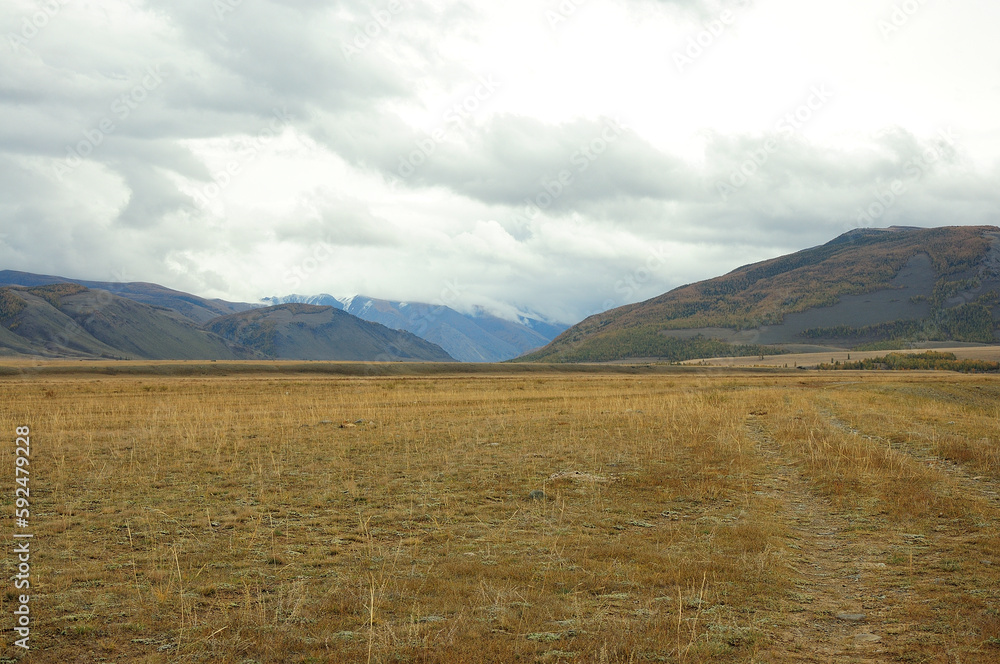 A field road going through the yellowed steppe to a ridge of high mountains with snow-capped peaks.