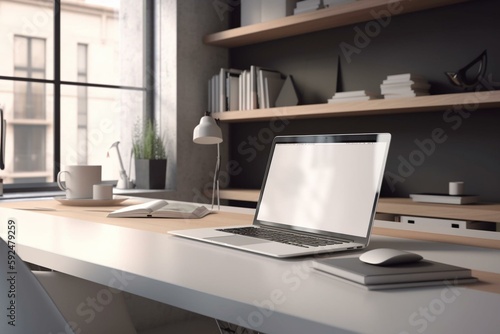 Close up of modern designer office interior with empty mock up laptop screen, smartphone and book. 3D Rendering. Generative AI