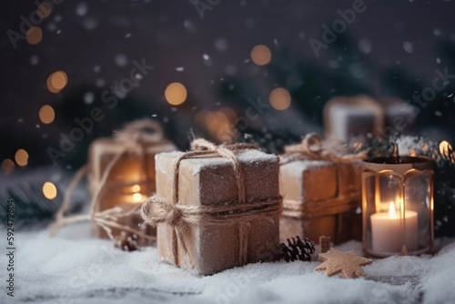 christmas gifts with snow created with Generative AI technology