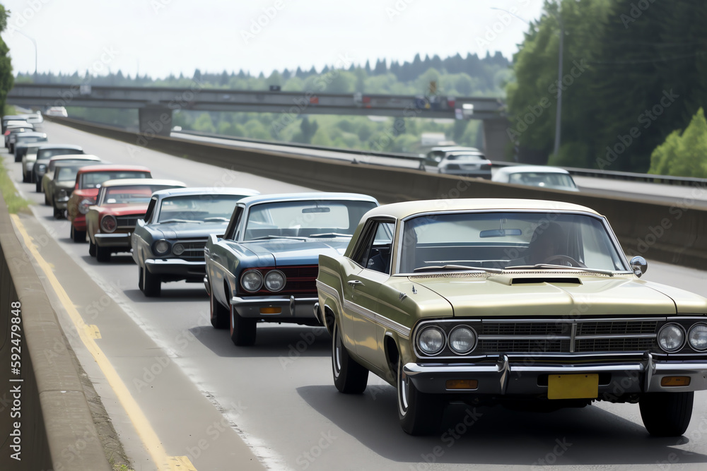 retro cars on the highway