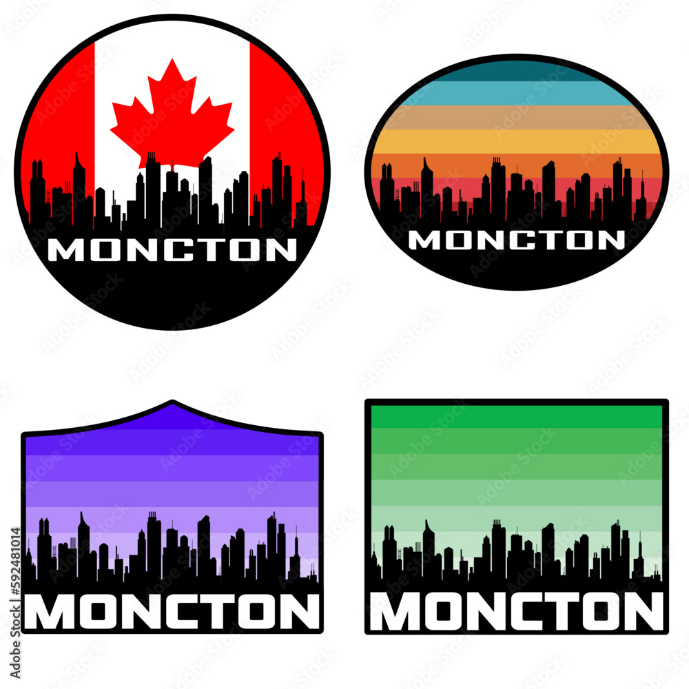 Moncton Skyline Silhouette Canada Flag Travel Souvenir Sticker Sunset Background Vector Illustration SVG EPS AI