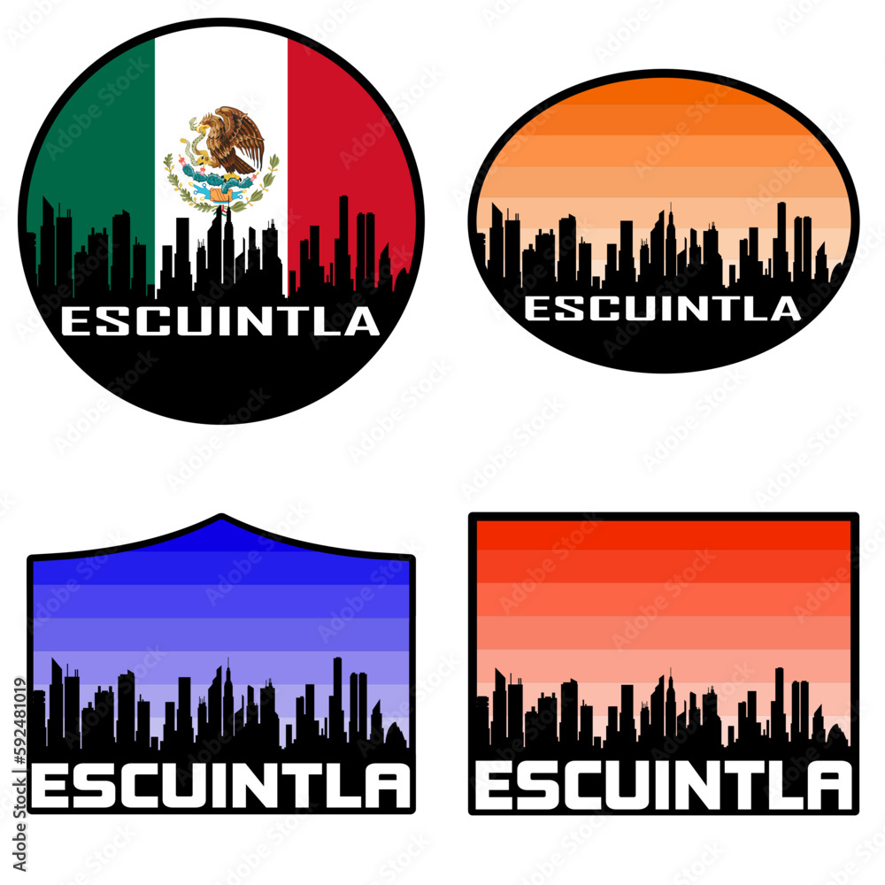 Escuintla Skyline Silhouette Mexico Flag Travel Souvenir Sticker Sunset Background Vector Illustration SVG EPS AI